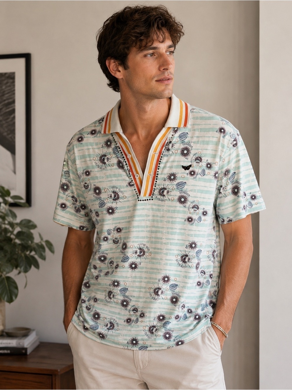 Ringspun Floral Grenade Polo Shirt with Striped Sequin Collar Size S Y2K Casual